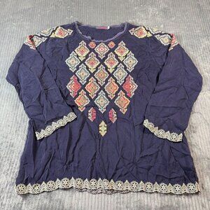 Johnny Was Kikumi Embroidered Tunic Large Blouse Boho Geometric Floral Lace